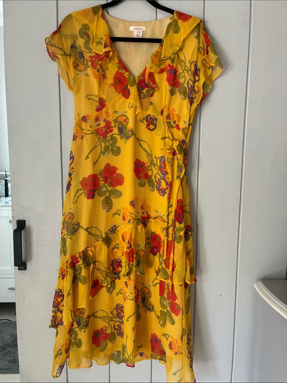 Sundance Yellow Floral Ruffle Wrap Midi Dress with Red and Green Accents